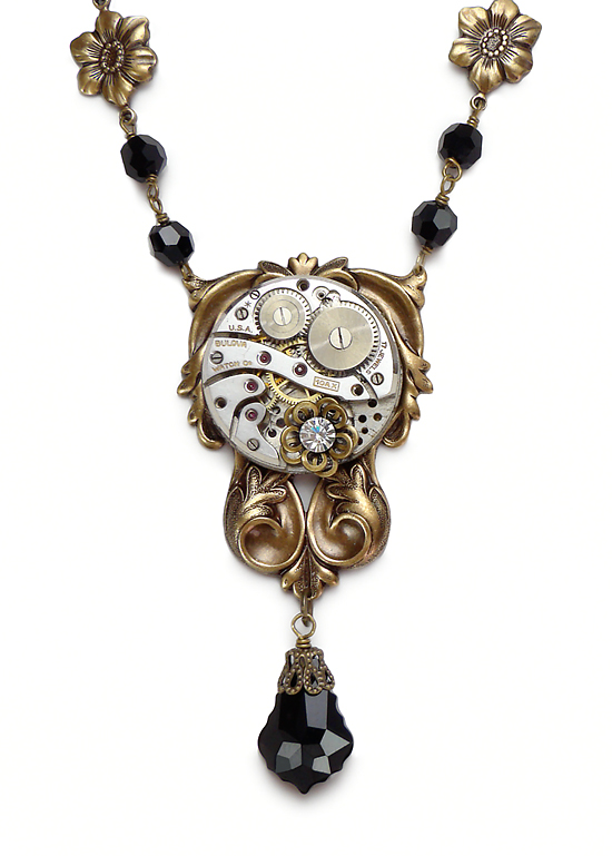 Steampunk Pocket Watch Necklace antique 1930s, faceted black crystal 2