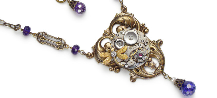 Steampunk Pocket Watch Necklace dragonfly Amethyst Pearl gold