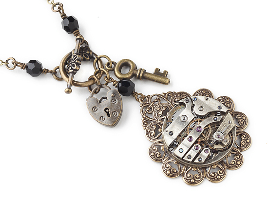 Steampunk Pocket Watch Necklace lock key charm black crystal