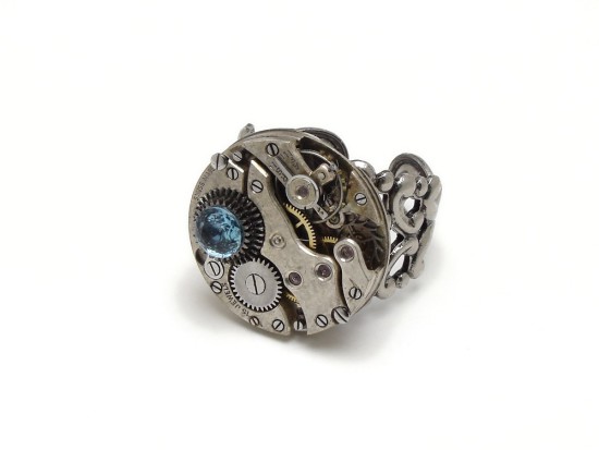 Steampunk Ring Antique 15 Ruby Jewel Watch Movement with Gears Genuine Blue Topaz 3