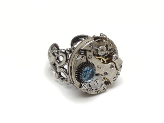 Steampunk Ring Antique 15 Ruby Jewel Watch Movement with Gears Genuine Blue Topaz