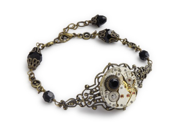 Steampunk Victorian Antiqued Gold Filigree Bracelet 15 Ruby Jewel Watch Movement with Black Swarovski Crystal