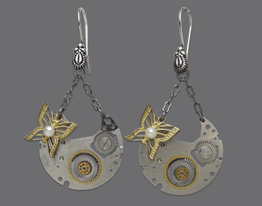 Steampunk butterfly Earrings watch parts
