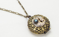 Steampunk locket necklace antique watch movement gears blue Swarovski crystal