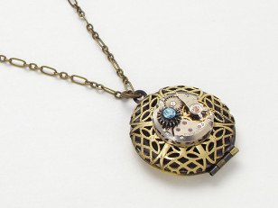 Steampunk locket necklace antique watch movement gears blue Swarovski crystal