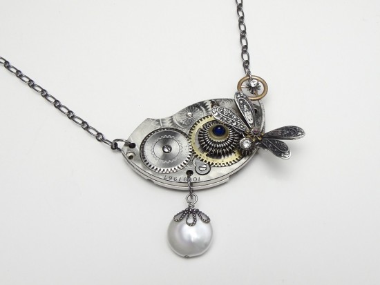 Steampunk necklace antique watch plate gears brass dragonfly flower motif 2