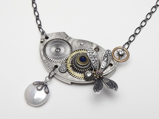 Steampunk necklace antique watch plate gears brass dragonfly flower motif