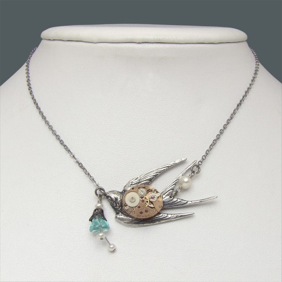 Steampunk necklace with rose gold watch movement genuine pearls and silver swallow 2