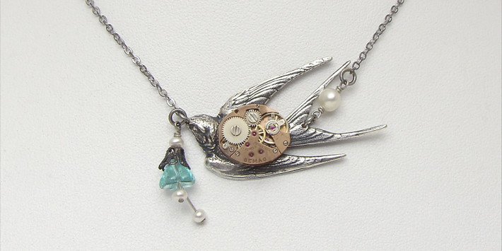 Steampunk necklace with rose gold watch movement genuine pearls and silver swallow 3