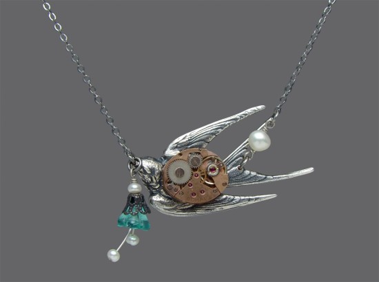 Steampunk necklace with rose gold watch movement genuine pearls and silver swallow