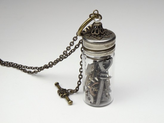 Time in a Bottle Antique Watch Parts Steampunk Necklace with Gears in a Vintage Glass Vial 3
