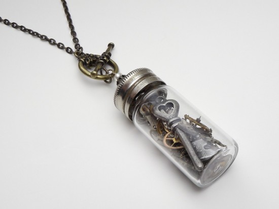 Time in a Bottle Antique Watch Parts Steampunk Necklace with Gears in a Vintage Glass Vial 4