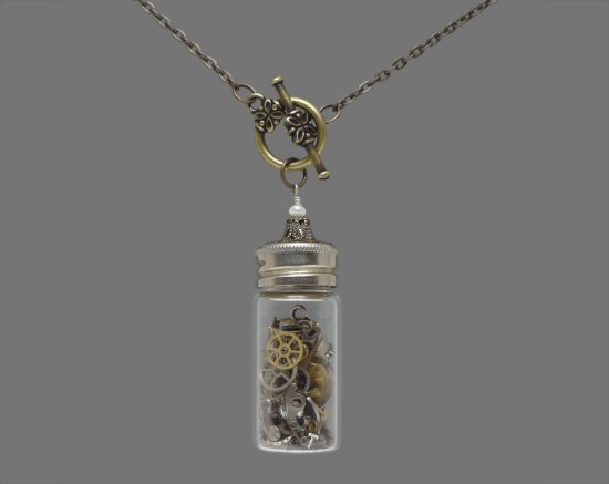 Time in a Bottle Antique Watch Parts Steampunk Necklace with Gears in a Vintage Glass Vial