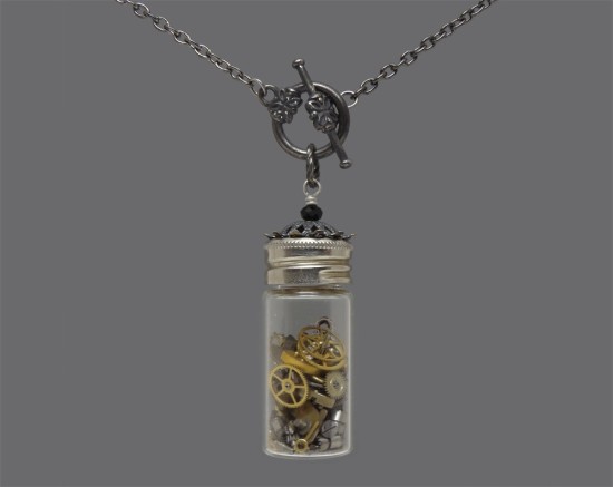 Time in a Bottle Necklace Vintage Glass Vial with Watch Parts Gears Key 4