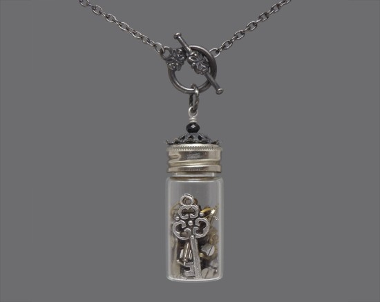 Time in a Bottle Necklace Vintage Glass Vial with Watch Parts Gears Key