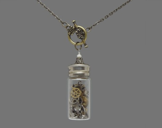 Time in a Bottle Vintage Glass Vial Necklace Genuine Pearl Watch Gears Skeleton Key 3