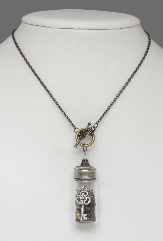 Time in a Bottle Vintage Glass Vial Necklace Genuine Pearl Watch Gears Skeleton Key 4