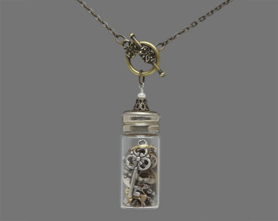Time in a Bottle Vintage Glass Vial Necklace Genuine Pearl Watch Gears Skeleton Key