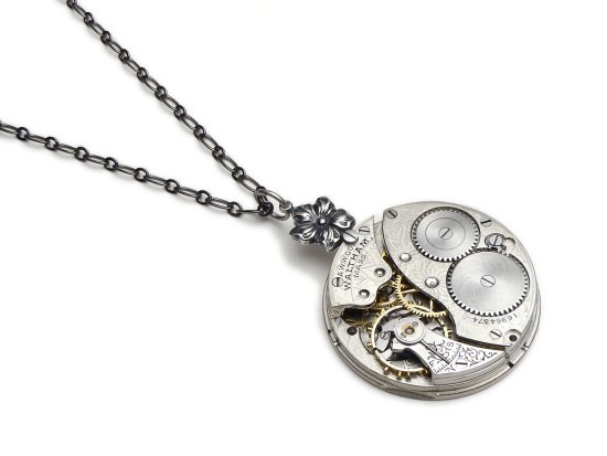 Waltham Pocket Watch Necklace with Ornate Engravings Ruby Jewels and Silver Flower