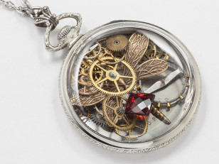 pocket watch case steampunk necklace vintage silver gears gold dragonfly red gemstone (3)