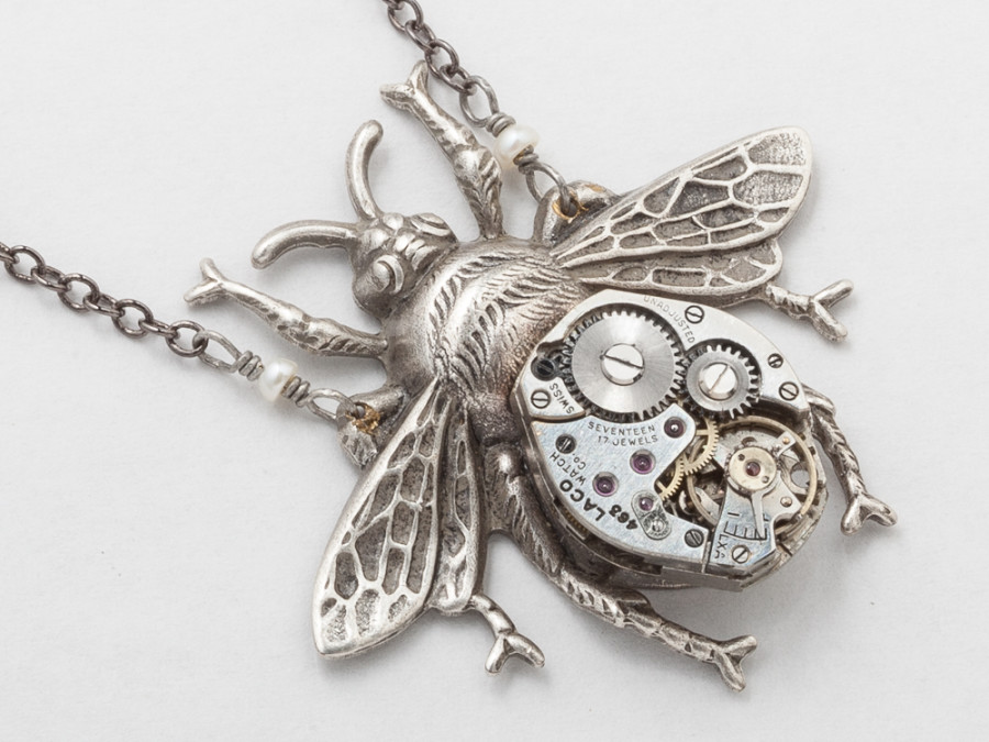 steampunk bumble bee necklace watch movement gears