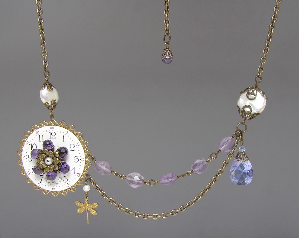Steampunk necklace antique porcelain waltham watch dial circa 1900 genuine amethyst pearls glass drop purple briolette gold brass filigree dragonfly flower motif choker