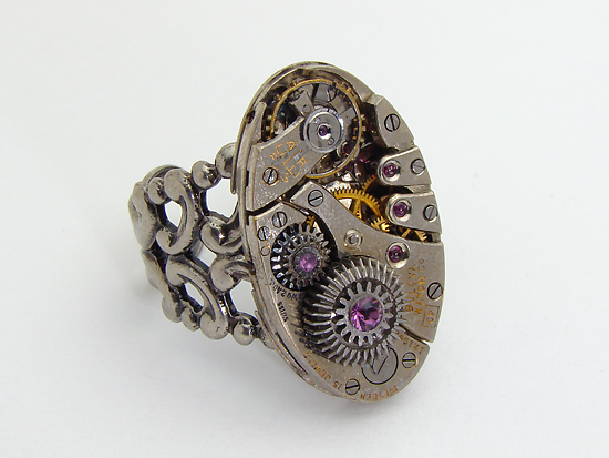 Steampunk ring oval watch movement maria sparks