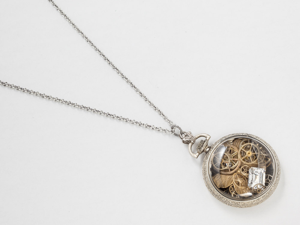 Pocket Watch Case Necklace 14K White Gold Filled Engraved Locket with ...