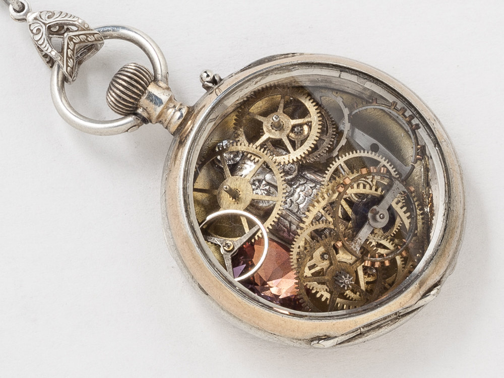 Rose Gold and Sterling Silver Pocket Watch Case Necklace Hand Engraved ...