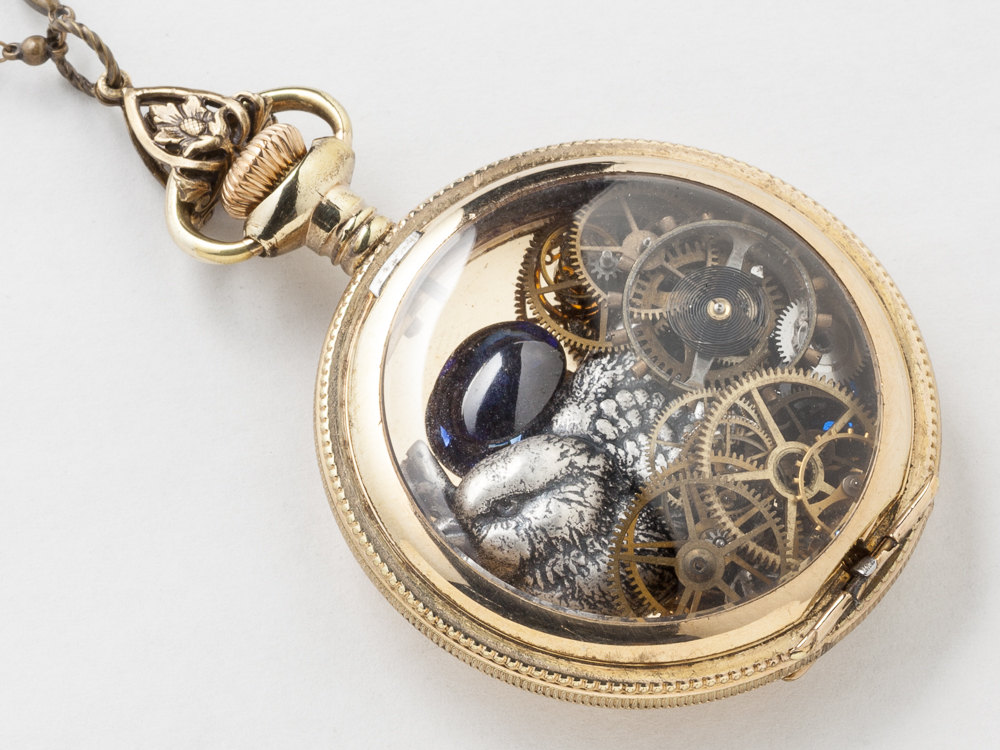 Steampunk Necklace 14k gold filled pocket watch movement case gears ...