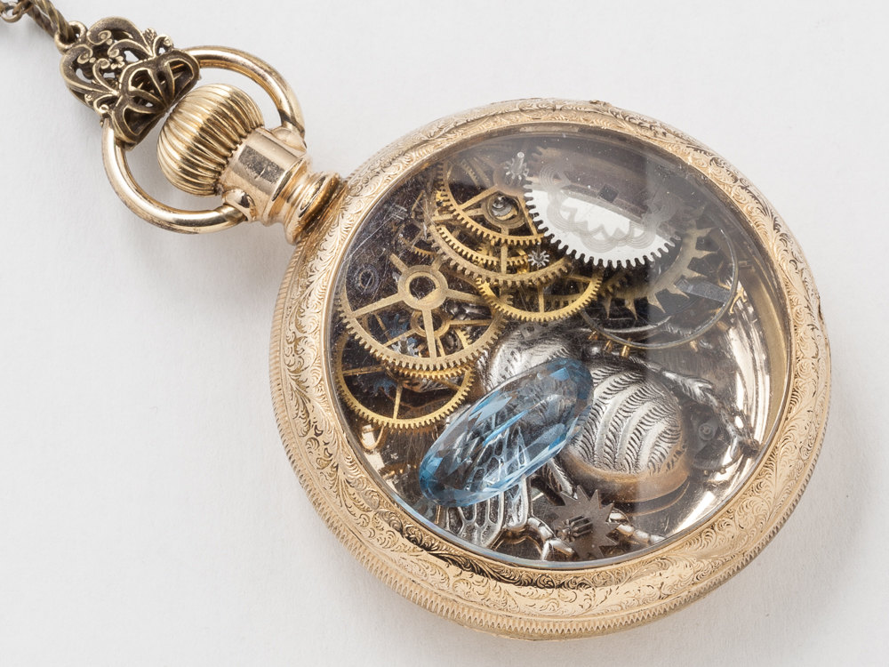 Steampunk Necklace Antique 14k gold filled pocket watch case gears ...
