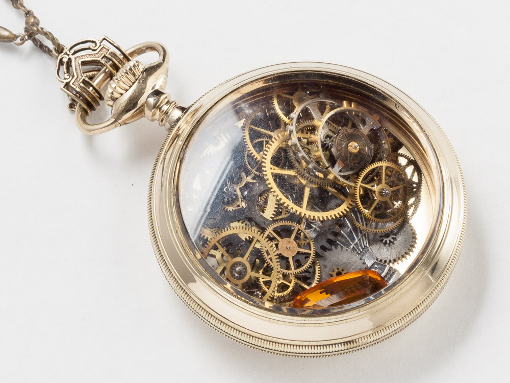 Steampunk Necklace Antique 14k gold filled pocket watch case with gears ...