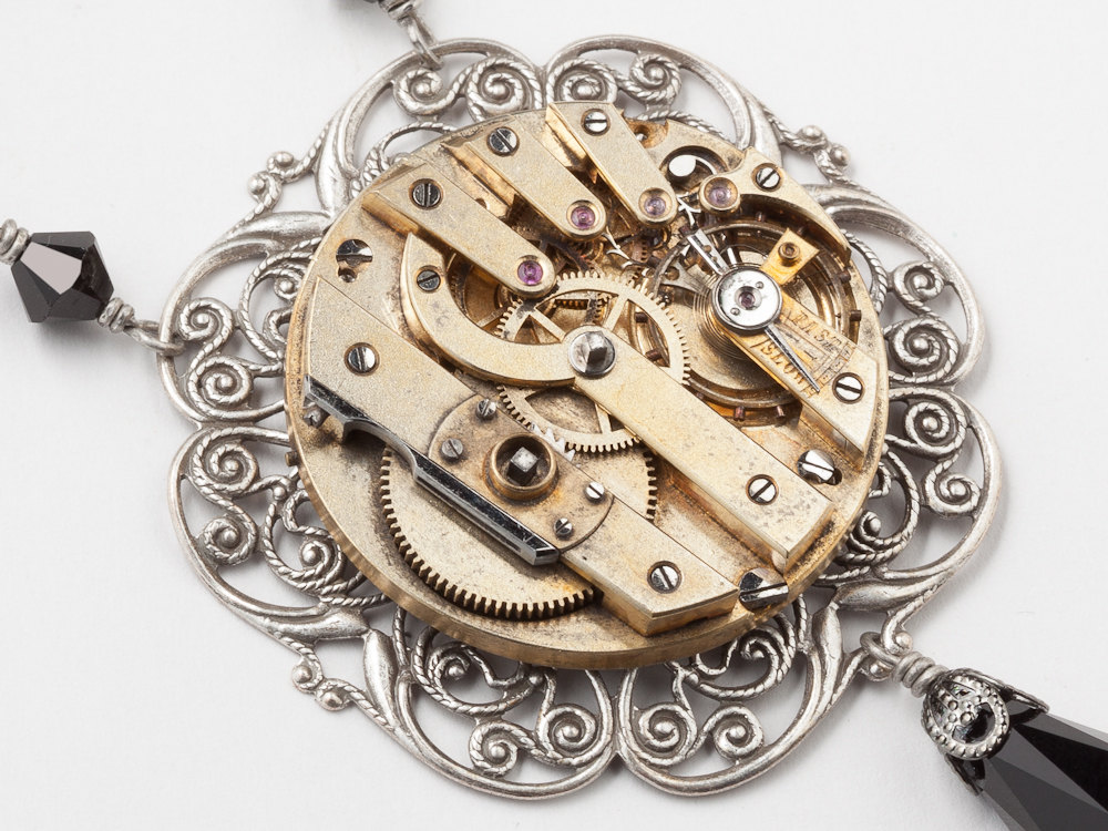 Steampunk key wind pocket watch necklace with gears silver Victorian ...