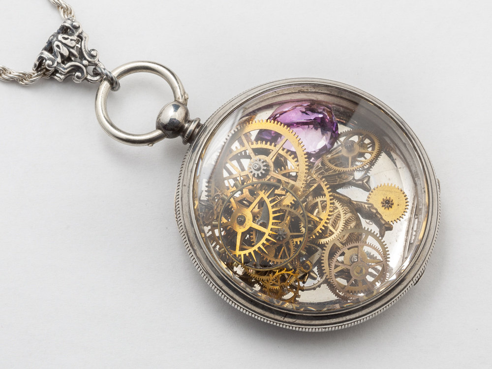 Steampunk Necklace pocket watch movement case gears Amethyst gold ...