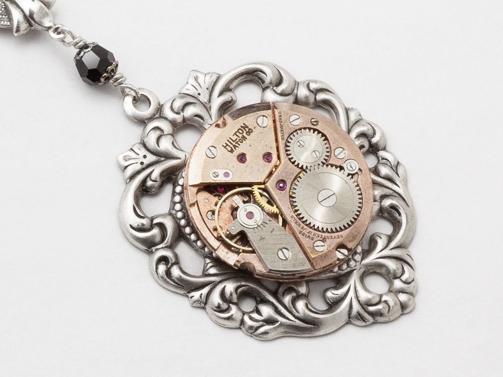 Steampunk necklace made with a rose gold watch movement silver floral ...