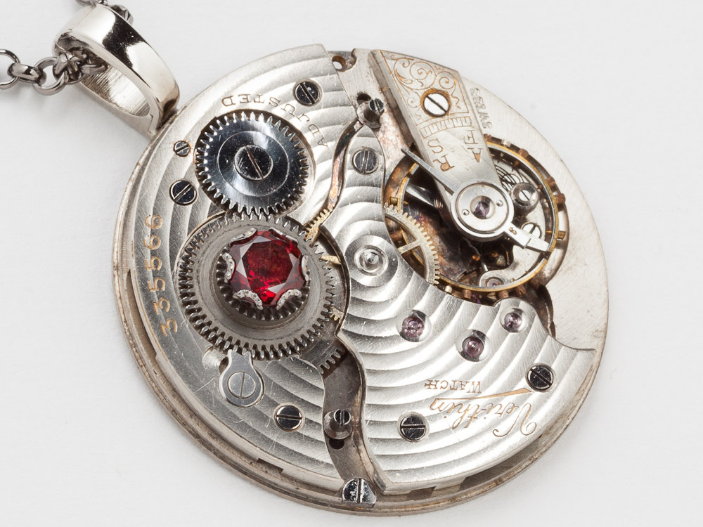 Steampunk Necklace silver watch movement gold gears genuine red garnet ...