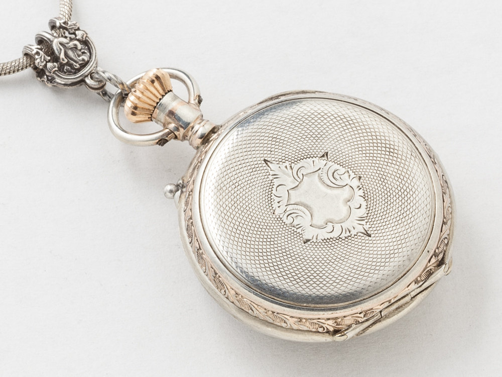 Steampunk Necklace Sterling Silver rose gold pocket watch case gears ...