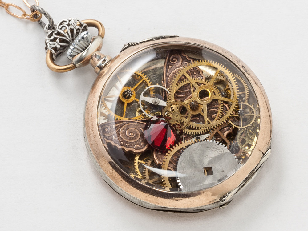 Steampunk Necklace Sterling Silver Rose Gold pocket watch case gears ...
