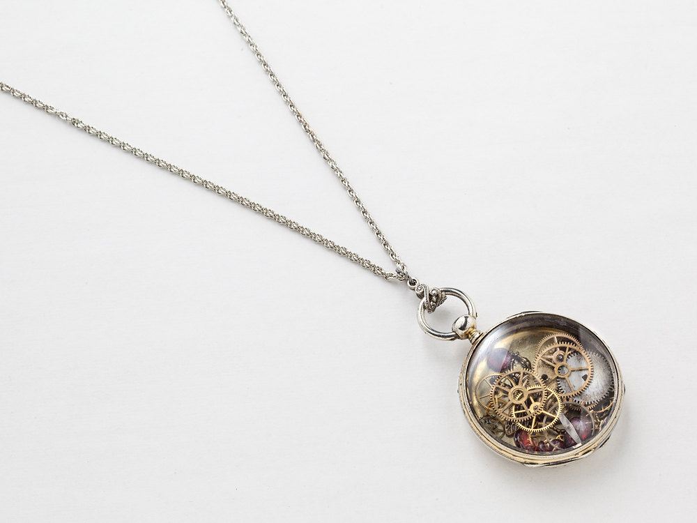Steampunk Necklace - Sterling Silver pocket watch case with gears red ...