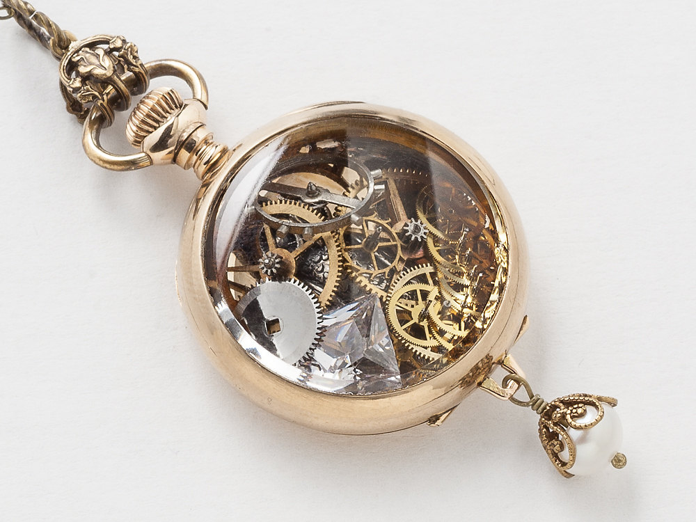 Steampunk pocket watch case necklace 14k gold filled Victorian pendant ...