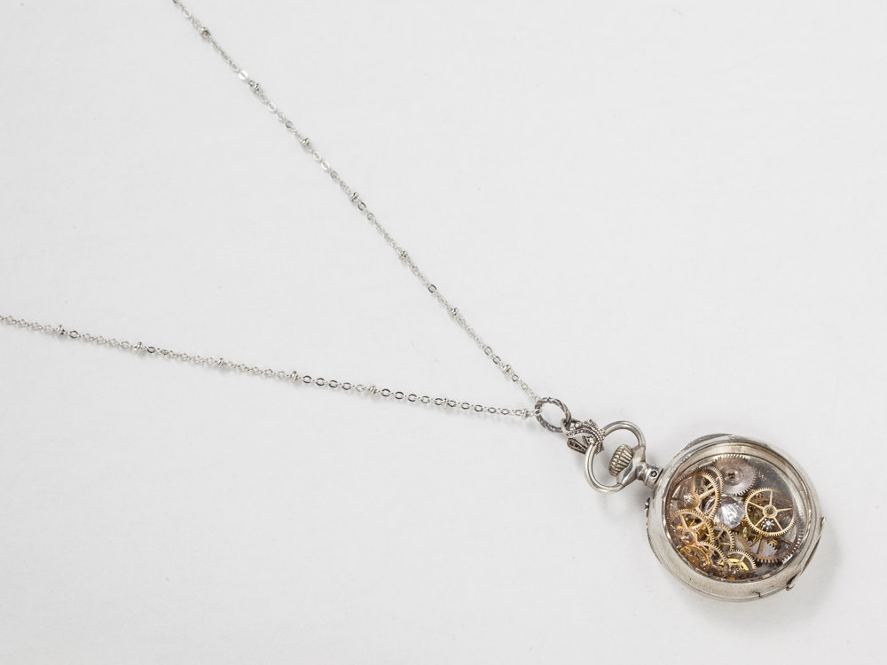 Sterling Silver Locket Pocket Watch Case Necklace with Gold Heart ...
