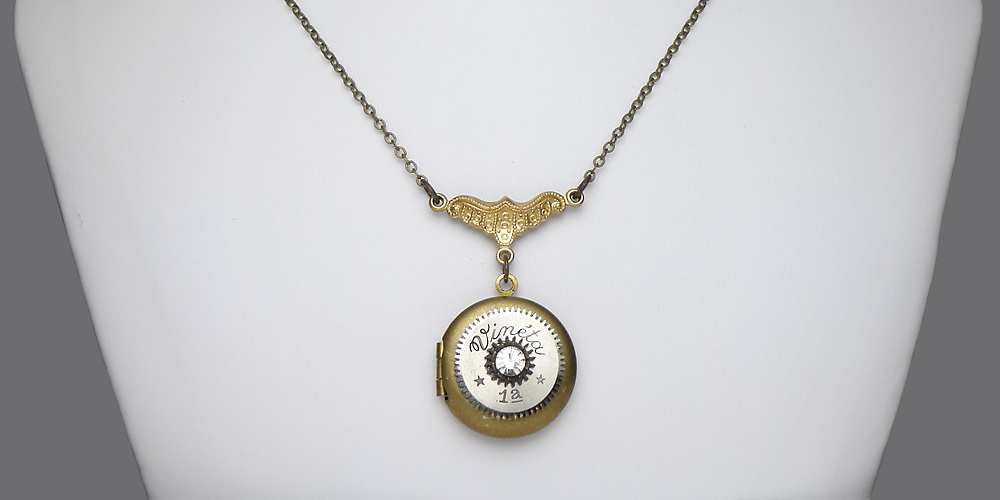 Antique Silver Watch Gear Locket Circa 1920 Hand Engraved Gold and Brass With Swarovski Crystal