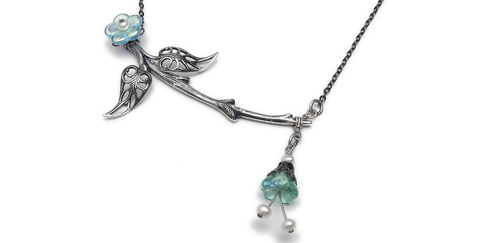 Antiqued Silver Flower Blossom Filigree Leaf Branch Necklace With Genuine Pearl