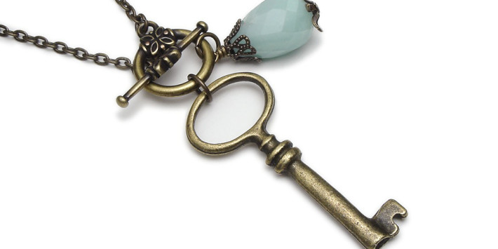 Antiqued Skeleton Key Charm Necklace with Filigree Capped Amazonite Faceted Briolette 2