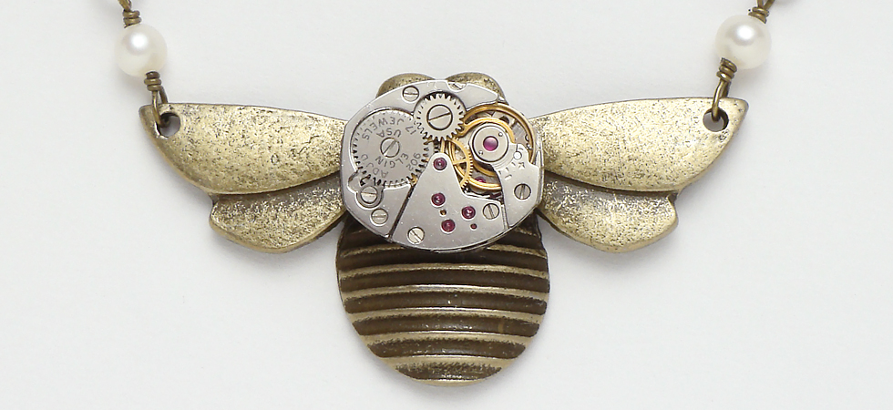 Bee Necklace Brass Bumble Bee Vintage Watch Movement