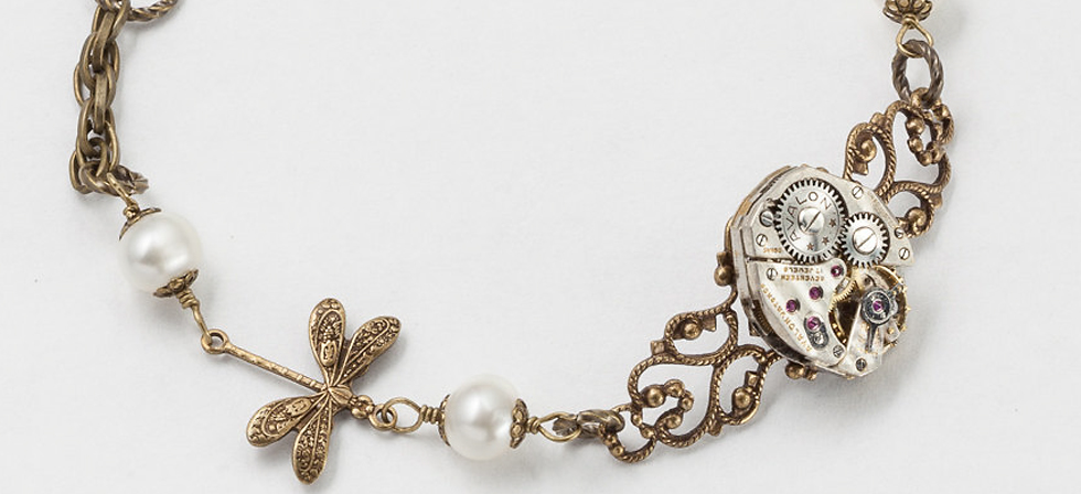 Steampunk Bracelet Vintage silver watch movement gears with gold filigree dragonfly charms