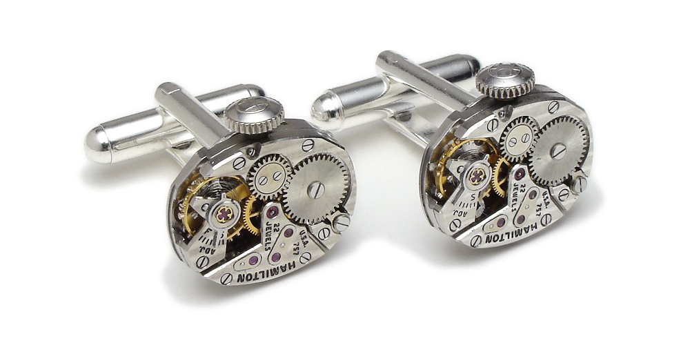 Steampunk Cufflinks 1930’s Hamilton Pinstripe Watch Movements with 22 Ruby Jewels