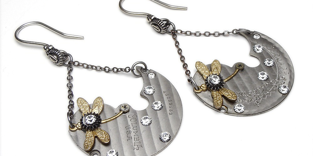 Steampunk Earrings Antique Engraved Guilloche Watch Plates with Dragonfly and Swarovski Crystal