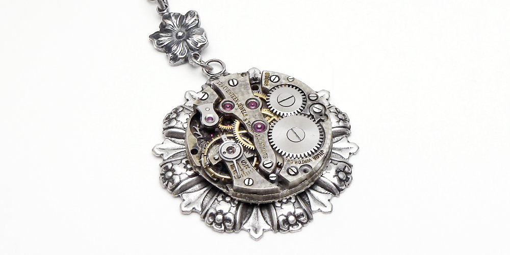 Steampunk Necklace 17 Ruby Jewel Wristwatch Movement with Silver Flower Charm