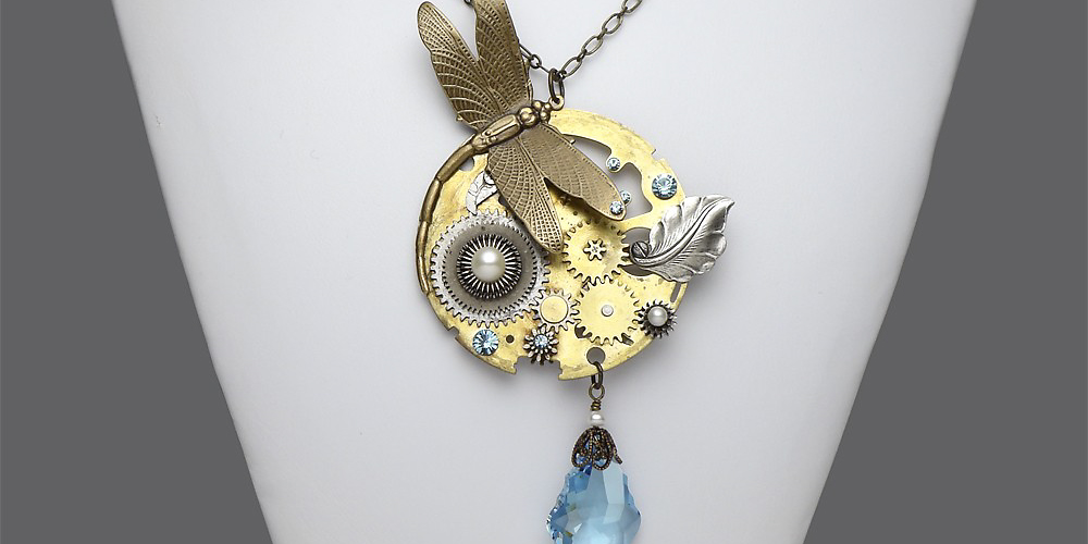 Steampunk Necklace Antique Pocket Movement With Dragonfly Blue Topaz Swarovski Crystal